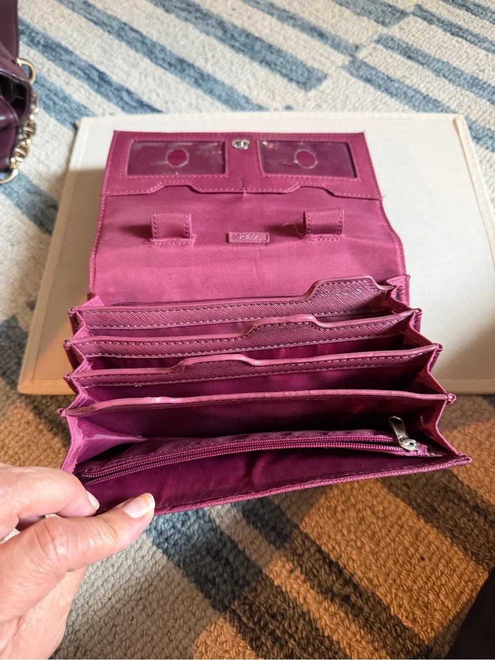 Liz Claiborne Plum Saffiano Flip Wallet with Silver Logo Plaque